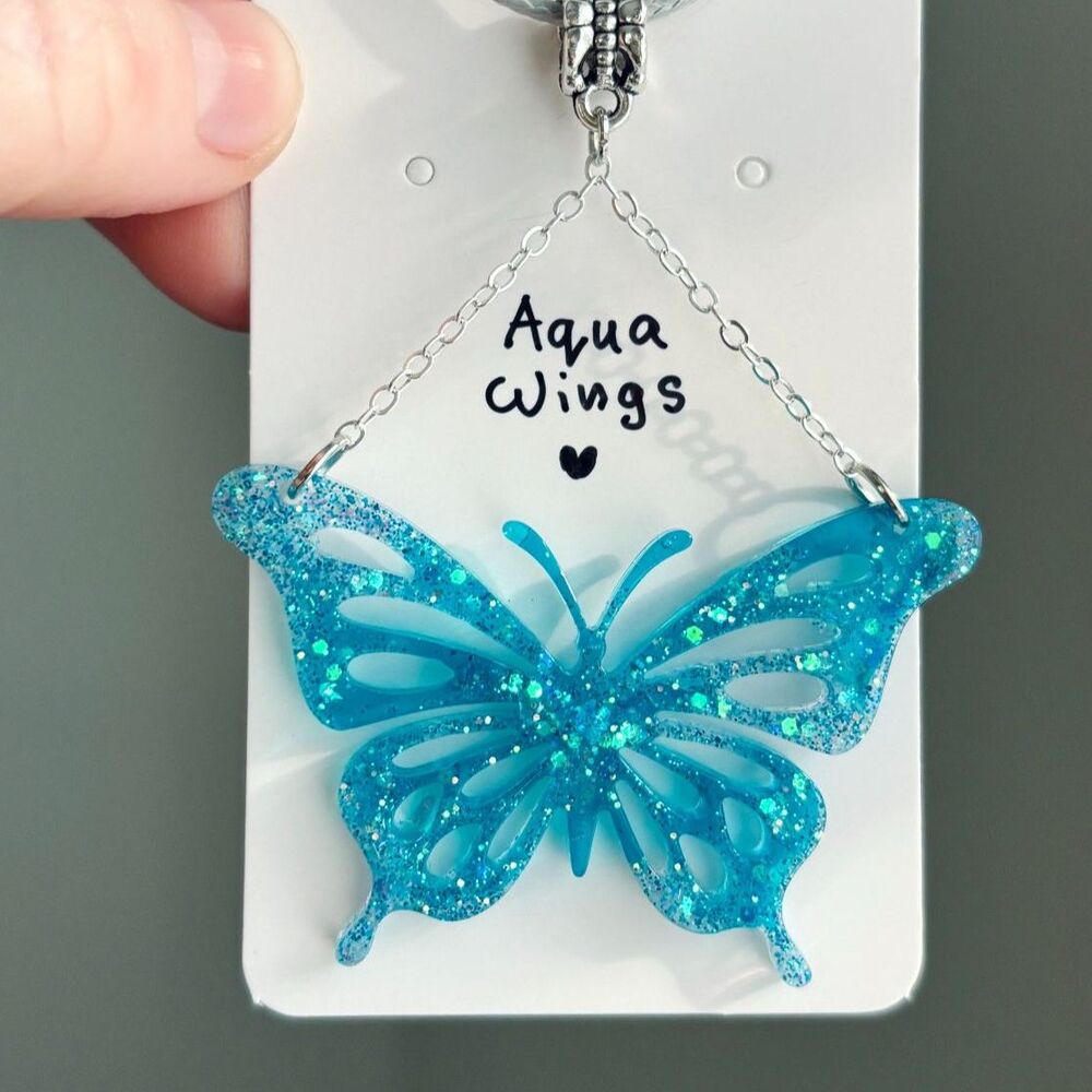 Blue Butterfly Resin Pendant Necklace, Aqua Glitter Jewelry Fairycore Lover Gift